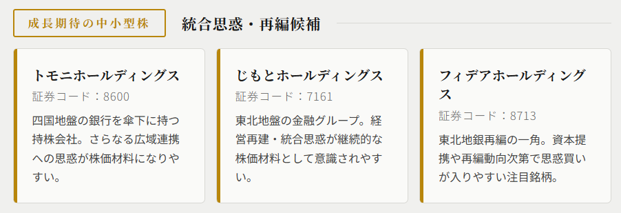 成長期待の中小型株(統合思惑・再編候補)
