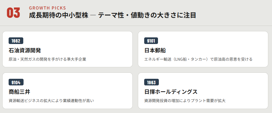 成長期待の中小型株（テーマ性・値動きの大きさに注目）