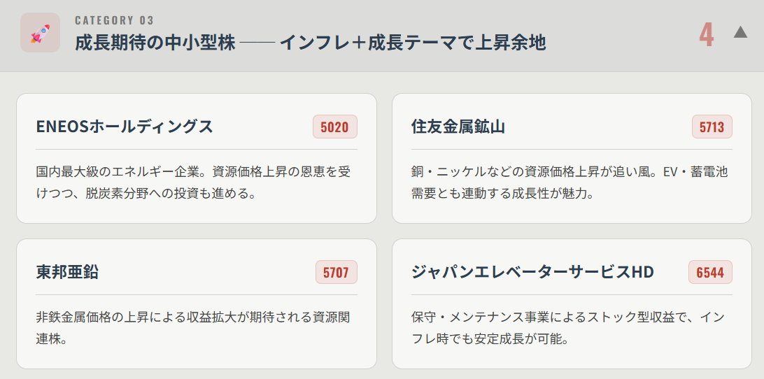 成長期待の中小型株（インフレ＋成長テーマで上昇余地）