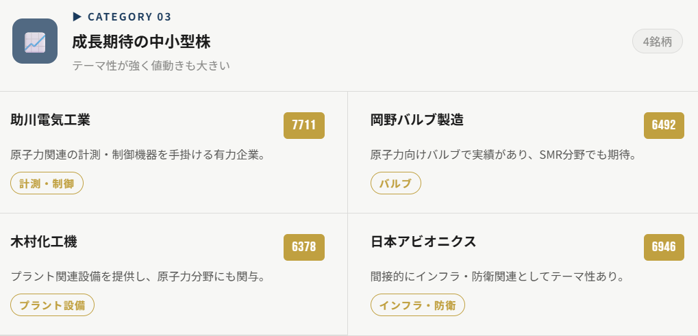 SMRの成長期待の中小型株（テーマ性が強く値動きも大きい）